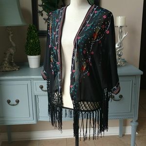 Forever 21 Black Embroidered Fringe Kimono